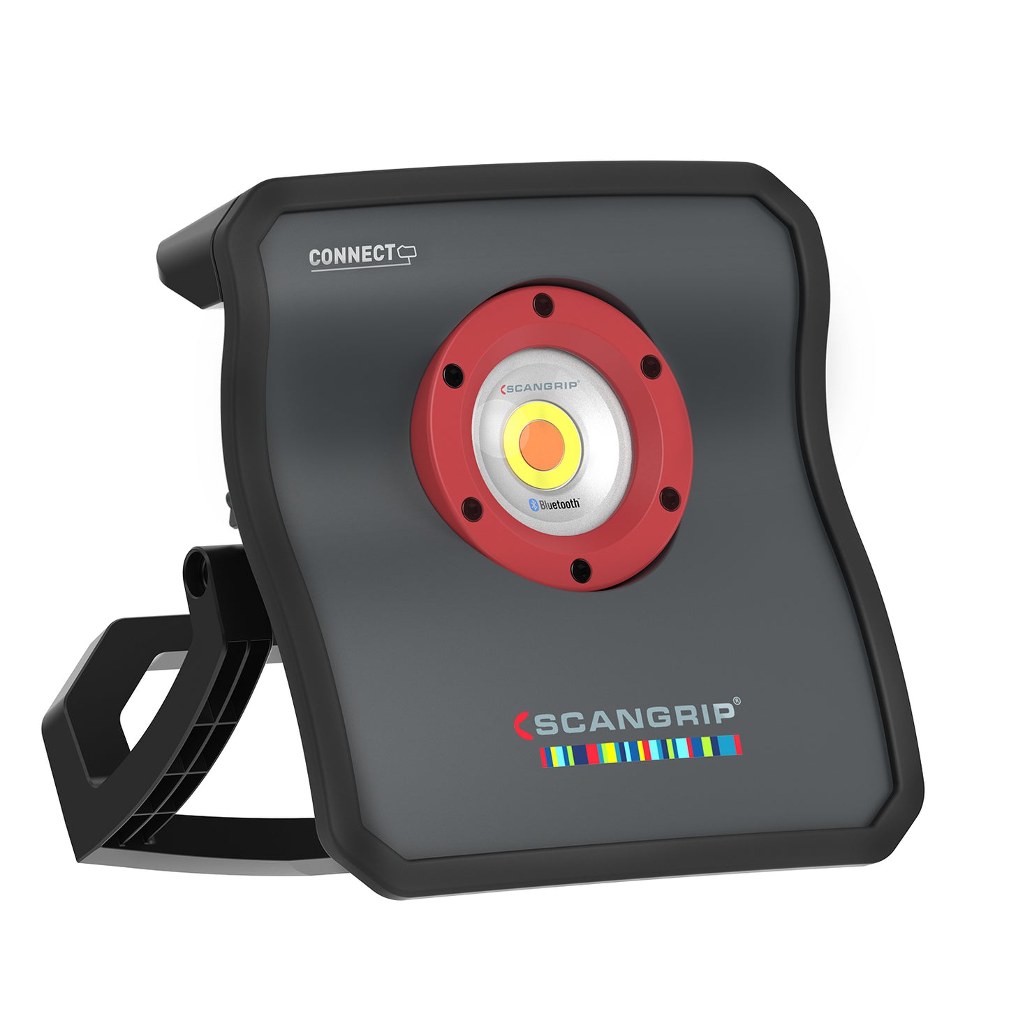 Digital rendering of a Scangrip CONNECT LED work light on a white background featuring a dark grey body, a bright red central lens bezel with a yellow LED, and the Scangrip logo with colorful vertical stripes