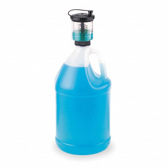 A translucent plastic gallon jug containing bright blue liquid, topped with a black screw-on cap and an integrated clear measuring reservoir holding green liquid