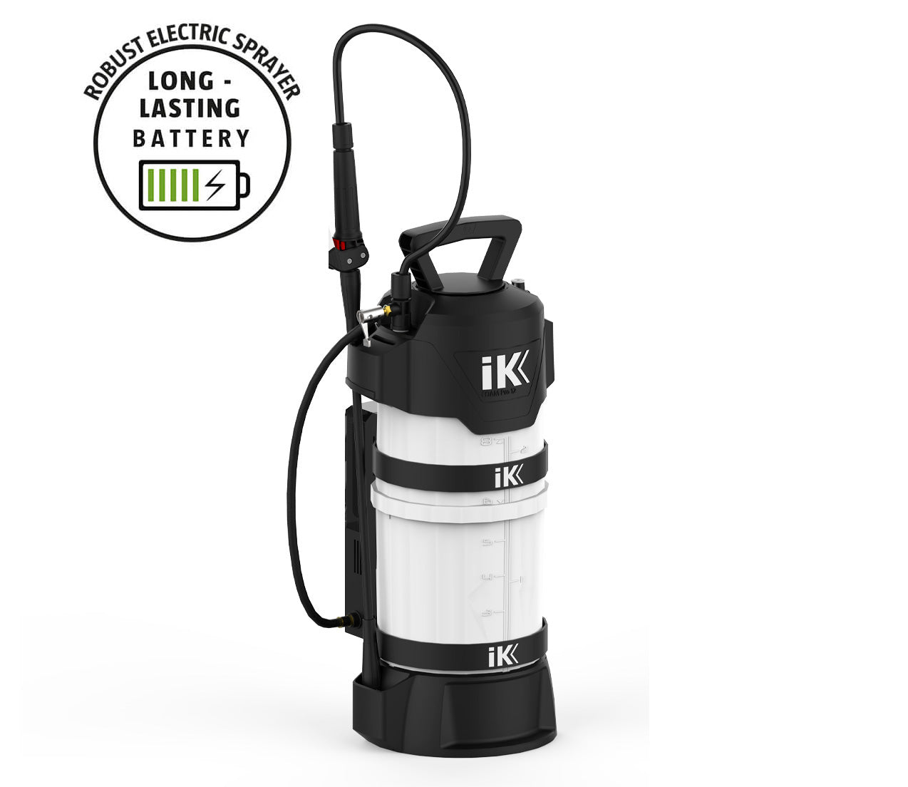 A product image of an iK electric sprayer featuring a robust black and white industrial design, isolated on a white background, with a prominent 'Robust Electric Sprayer Long-Lasting Battery' text overlay and clear tank measurement markings