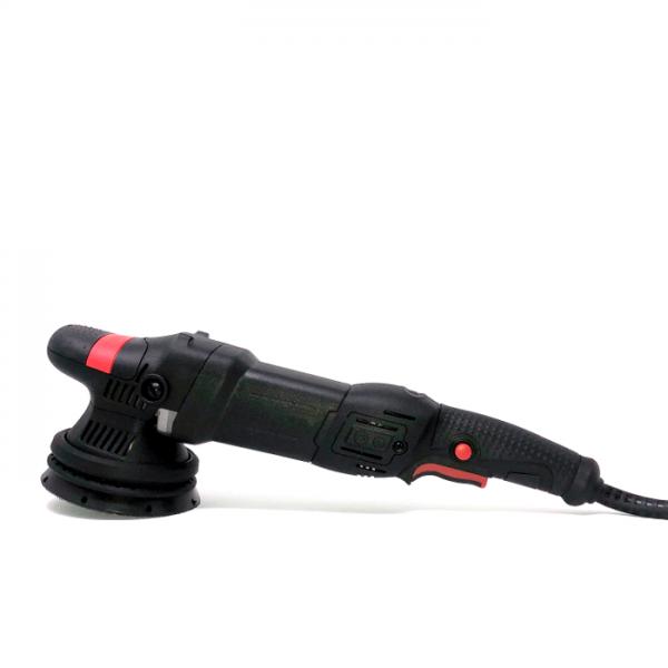 Black electric dual-action polisher with red accents and a textured grip on a white background