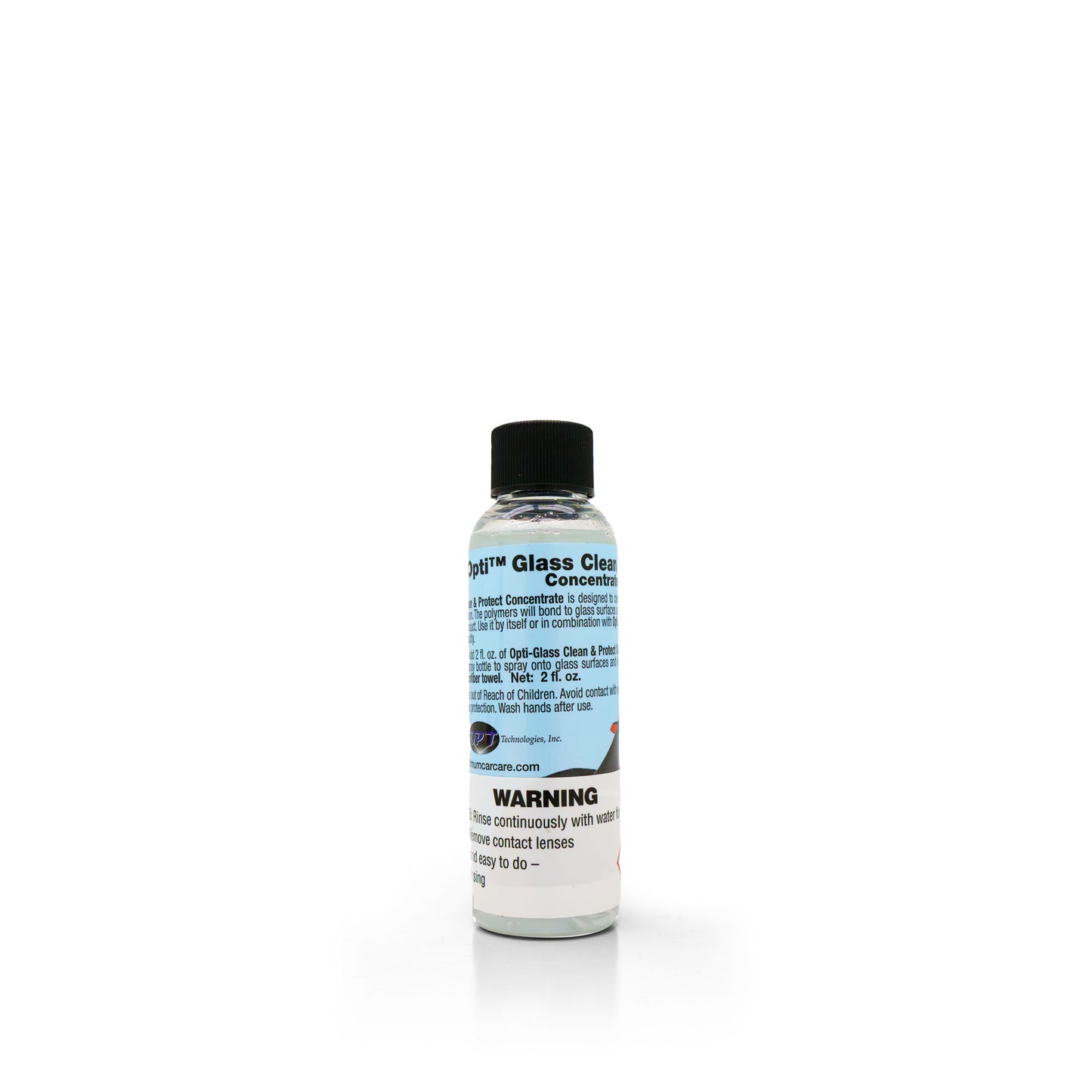 Studio product photo of Opti Glass Clean Concentrate, a small clear plastic bottle with a black screw cap and a blue and white label detailing "Net: 2 fl. oz." and a prominent "WARNING" message, presented on a clean white background
