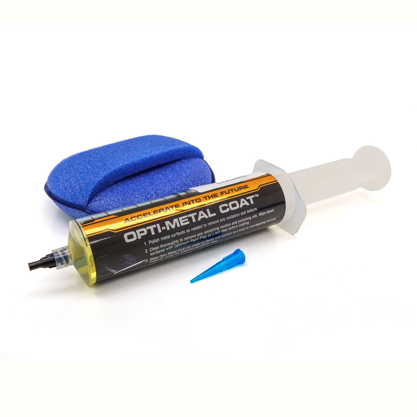 Studio shot of a metal coating kit featuring a syringe-like applicator with yellow liquid labeled OPTI-METAL COAT, a bright blue sponge pad, and a small blue conical tip on a white background