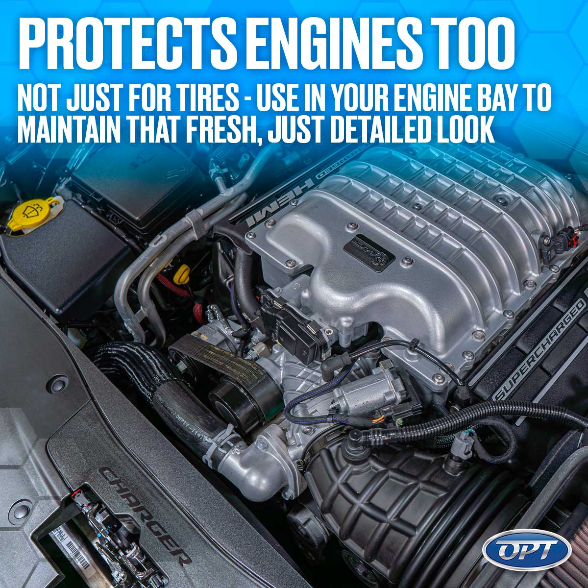 Detailed photographic view of a meticulously clean modern Dodge Charger HEMI supercharged engine bay featuring a prominent silver supercharger and a yellow fluid reservoir cap