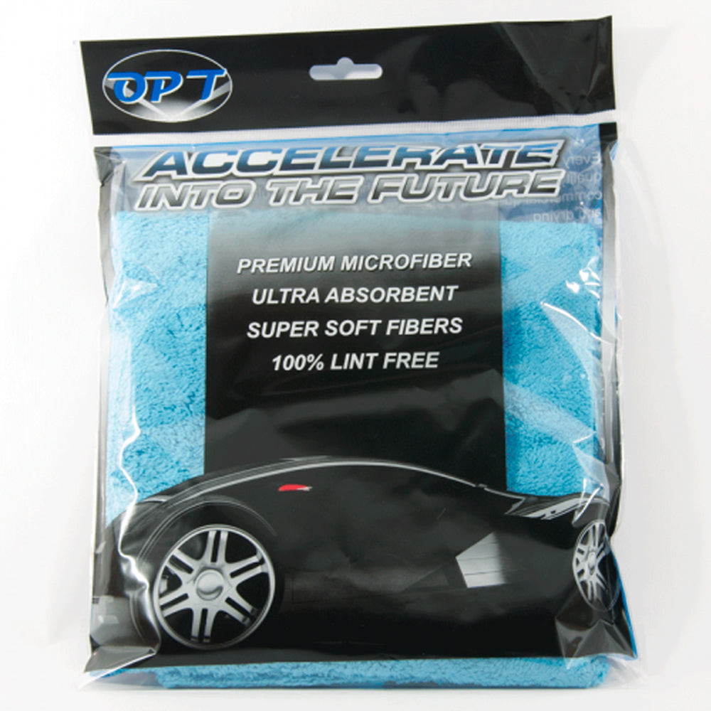 OPT packaged blue microfiber towel featuring a black sports car graphic, ACCELERATE INTO THE FUTURE text, and emphasizing premium ultra-absorbent and 100% lint-free fibers