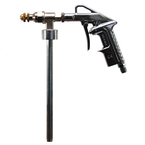 A chrome-plated industrial blast gun featuring a textured grip, long silver suction tube, and a distinctive brass nozzle with "Made in Italy" and "CE" markings visible on the handle