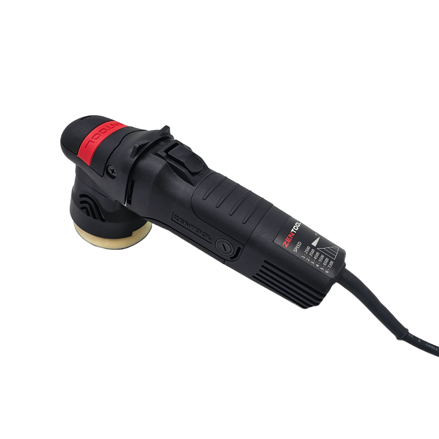 A ZENTOOL dual action car polisher with a black body and red accents, featuring a cream-colored polishing pad and a visible speed dial indicating settings from 1 to 6