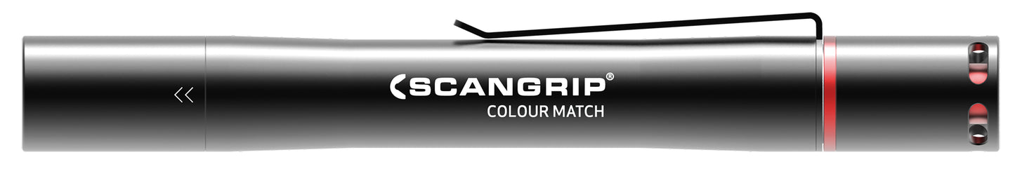 Scangrip Colour Match LED work light, a silver metallic cylindrical tool featuring a black pocket clip, white Scangrip logo, and red light indicators at the right end
