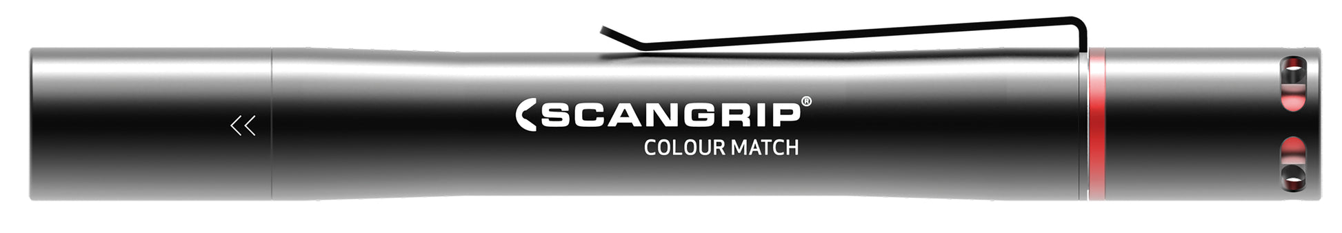 Scangrip Colour Match LED work light, a silver metallic cylindrical tool featuring a black pocket clip, white Scangrip logo, and red light indicators at the right end