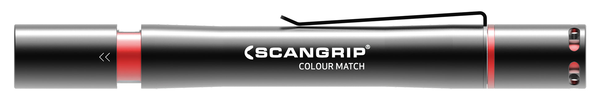 Scangrip Colour Match professional inspection lamp featuring a silver metallic casing, black pocket clip, and vibrant red glowing elements