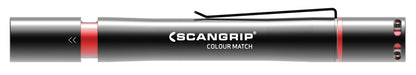 Scangrip Colour Match professional inspection lamp featuring a silver metallic casing, black pocket clip, and vibrant red glowing elements