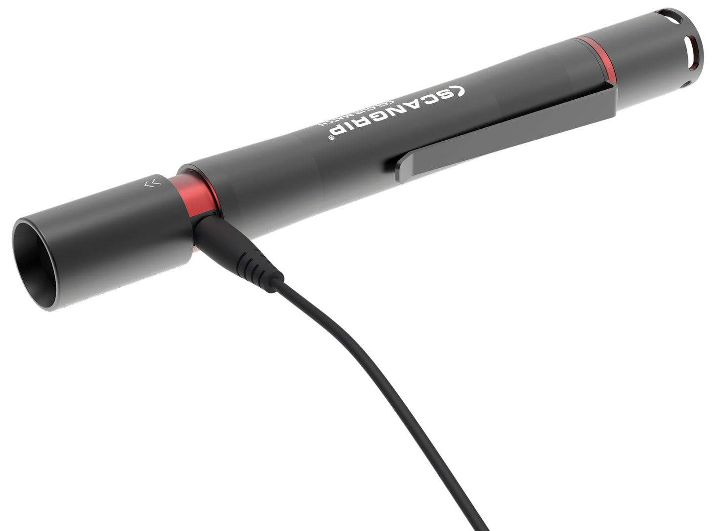 Product image of a black SCANGRIP Colour Match pen light flashlight featuring a prominent white logo, a distinct red accent band, and a black charging cable plugged into its end against a pristine white background
