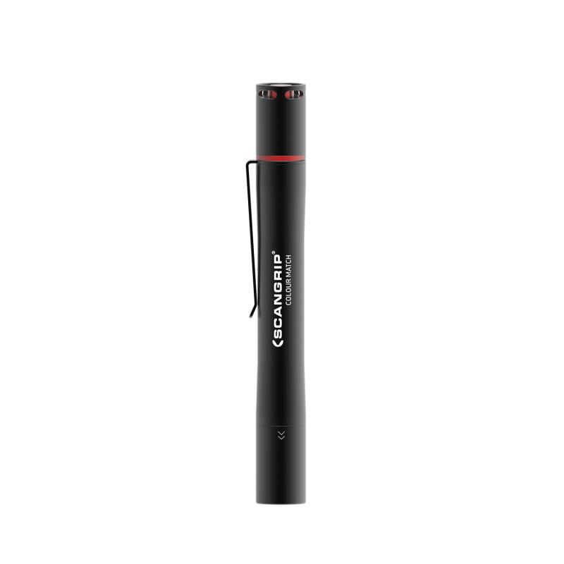 SCANG RIP COLOUR MATCH black cylindrical penlight featuring a red accent ring, black pocket clip, and vented top on a white background