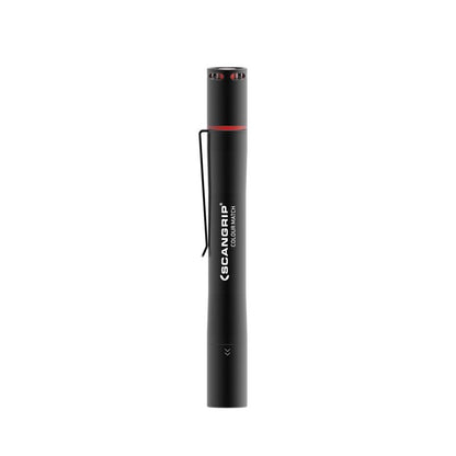 SCANG RIP COLOUR MATCH black cylindrical penlight featuring a red accent ring, black pocket clip, and vented top on a white background