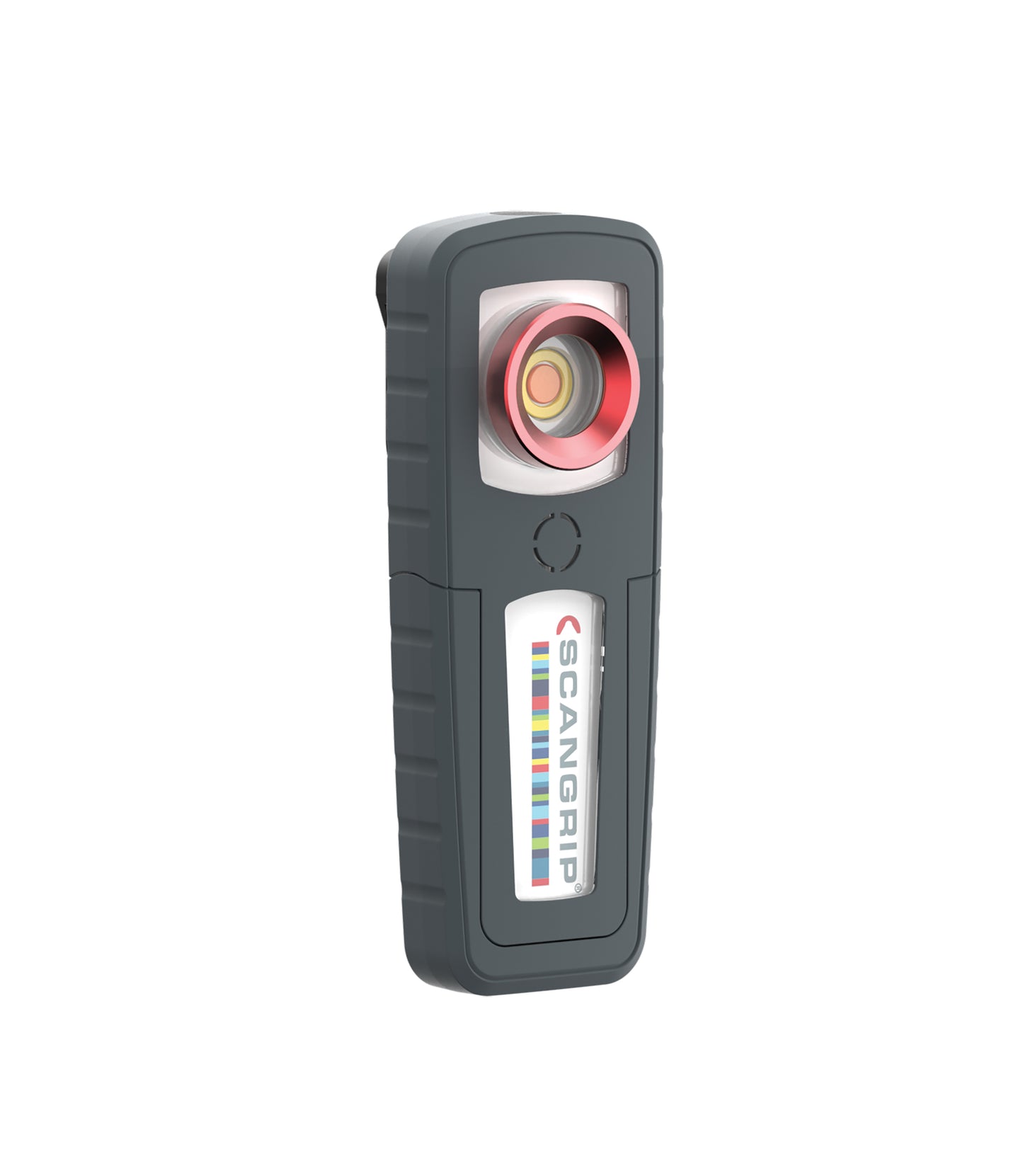 Digital render of a dark grey Scangrip work light on a white background, featuring a prominent red ring around the lens, a yellow central light element, and a vertical Scangrip logo with colorful stripes
