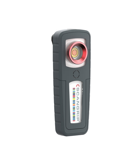Digital render of a dark grey Scangrip work light on a white background, featuring a prominent red ring around the lens, a yellow central light element, and a vertical Scangrip logo with colorful stripes