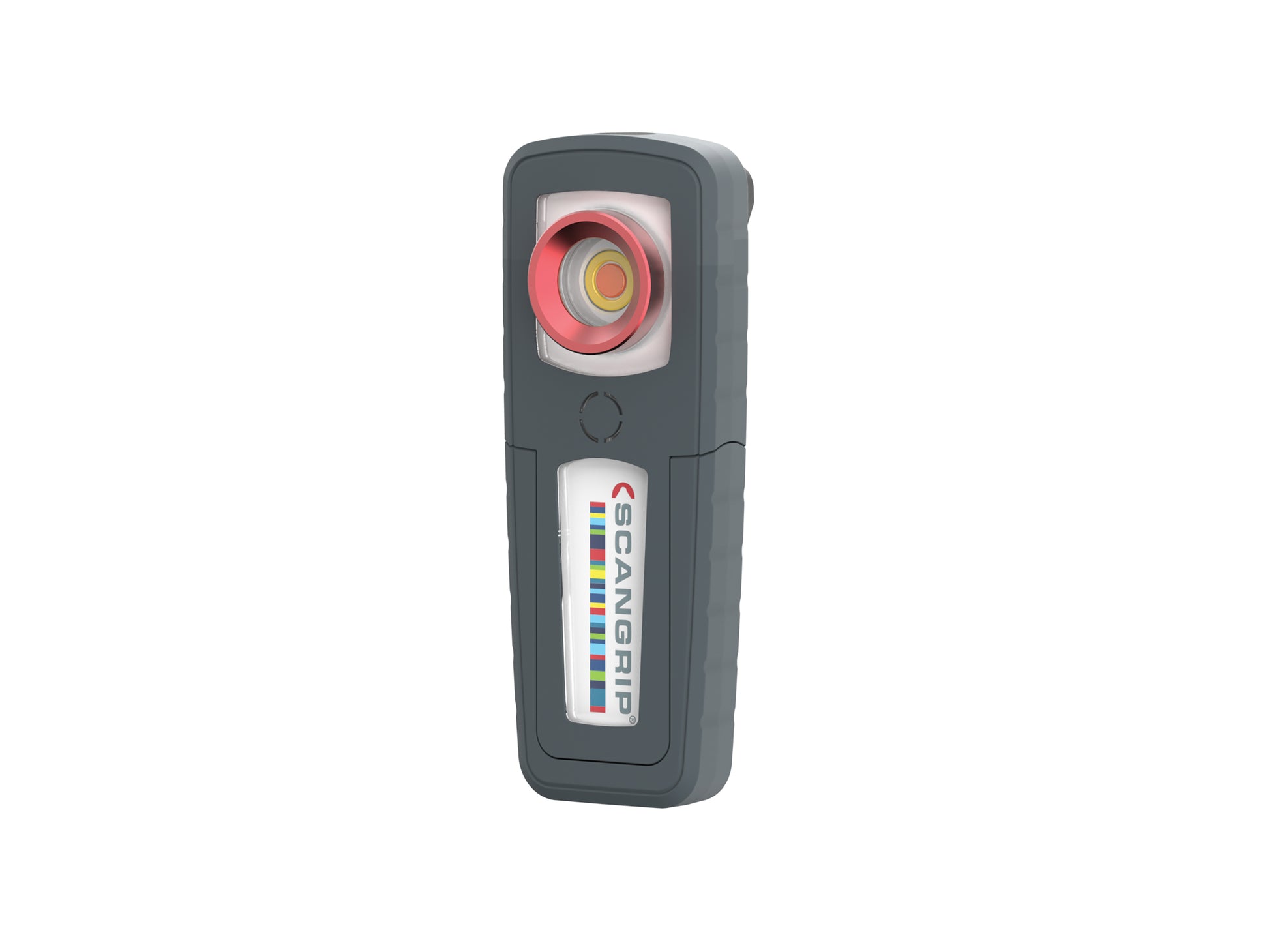 Digital rendering of a dark grey rectangular ScanGrip work light featuring a vibrant red and yellow circular lens assembly and a colorful vertical bar logo