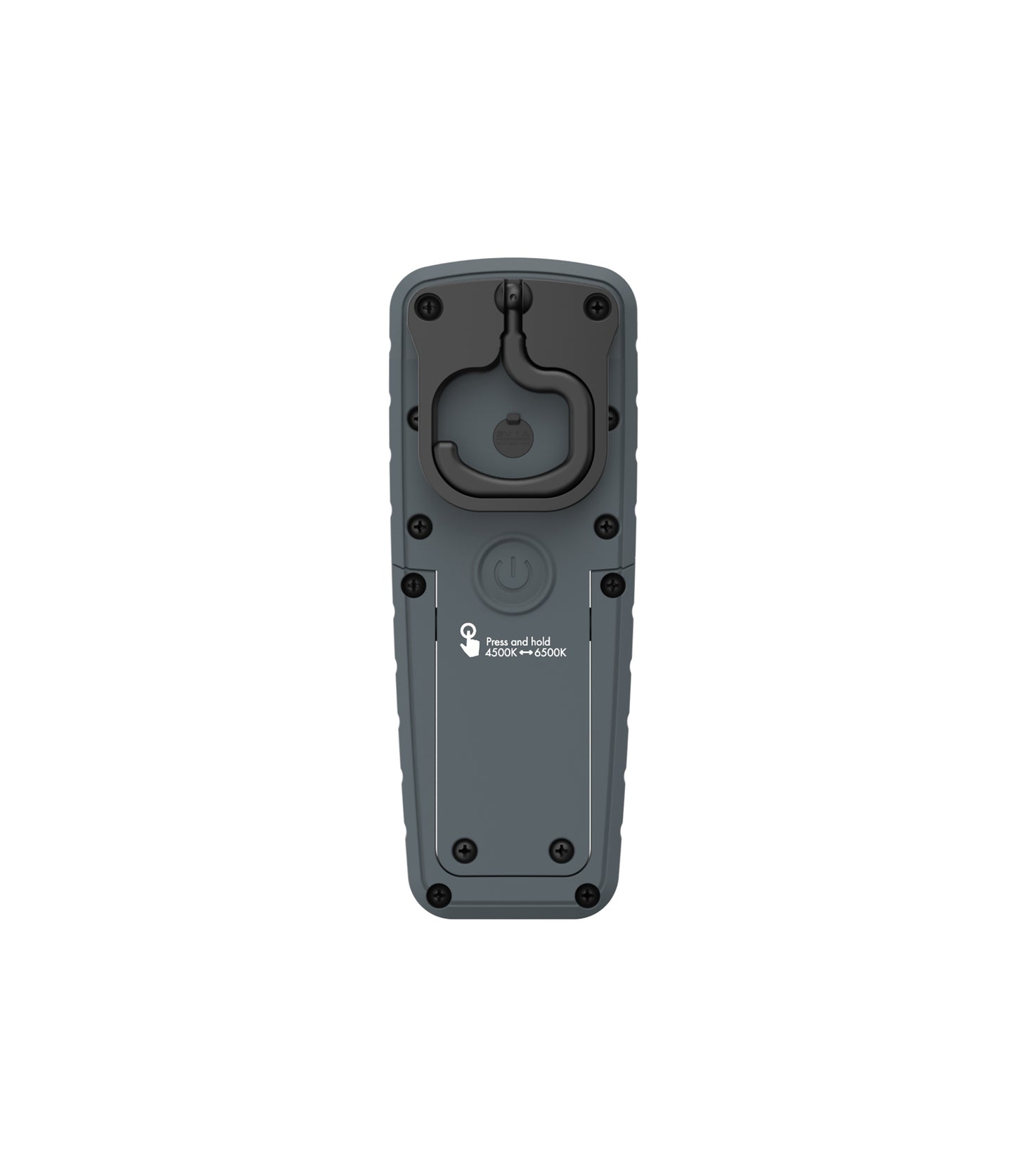 Digital render of a dark grey rugged portable work light with a prominent swiveling hook, a power button, and instructions for adjusting color temperature between 4500K and 6500K