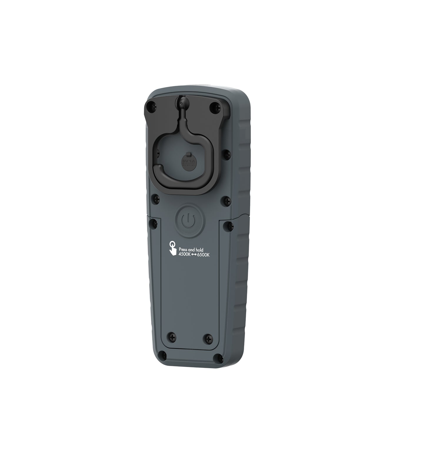 Grey rugged handheld device featuring a black rotating clip a power button icon and instructions for 4500K to 6500K color temperature adjustment and 5V 1A input on a white background