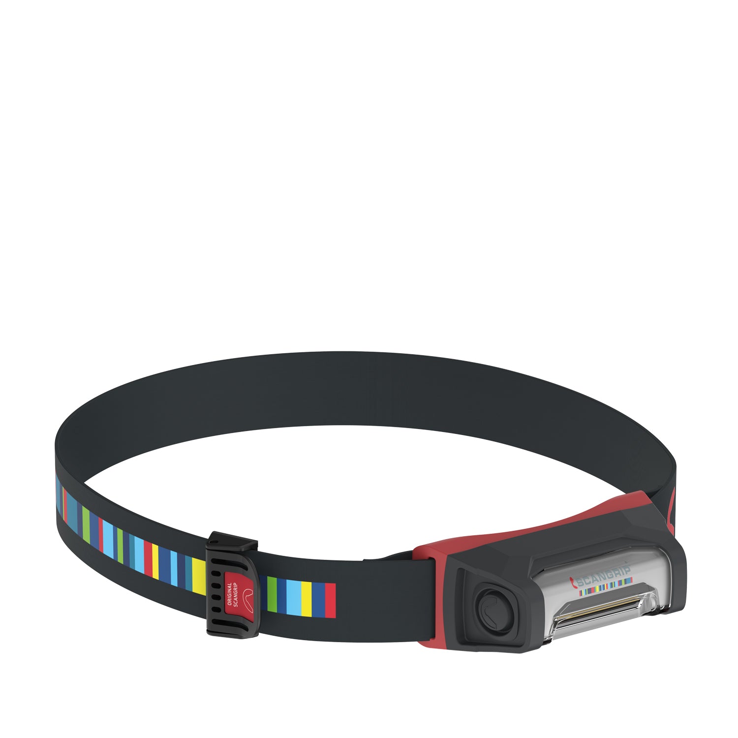 Scangrip headlamp featuring a black adjustable strap with vibrant vertical stripes in blue green yellow and red connected to a red and dark gray light unit displaying the Scangrip logo
