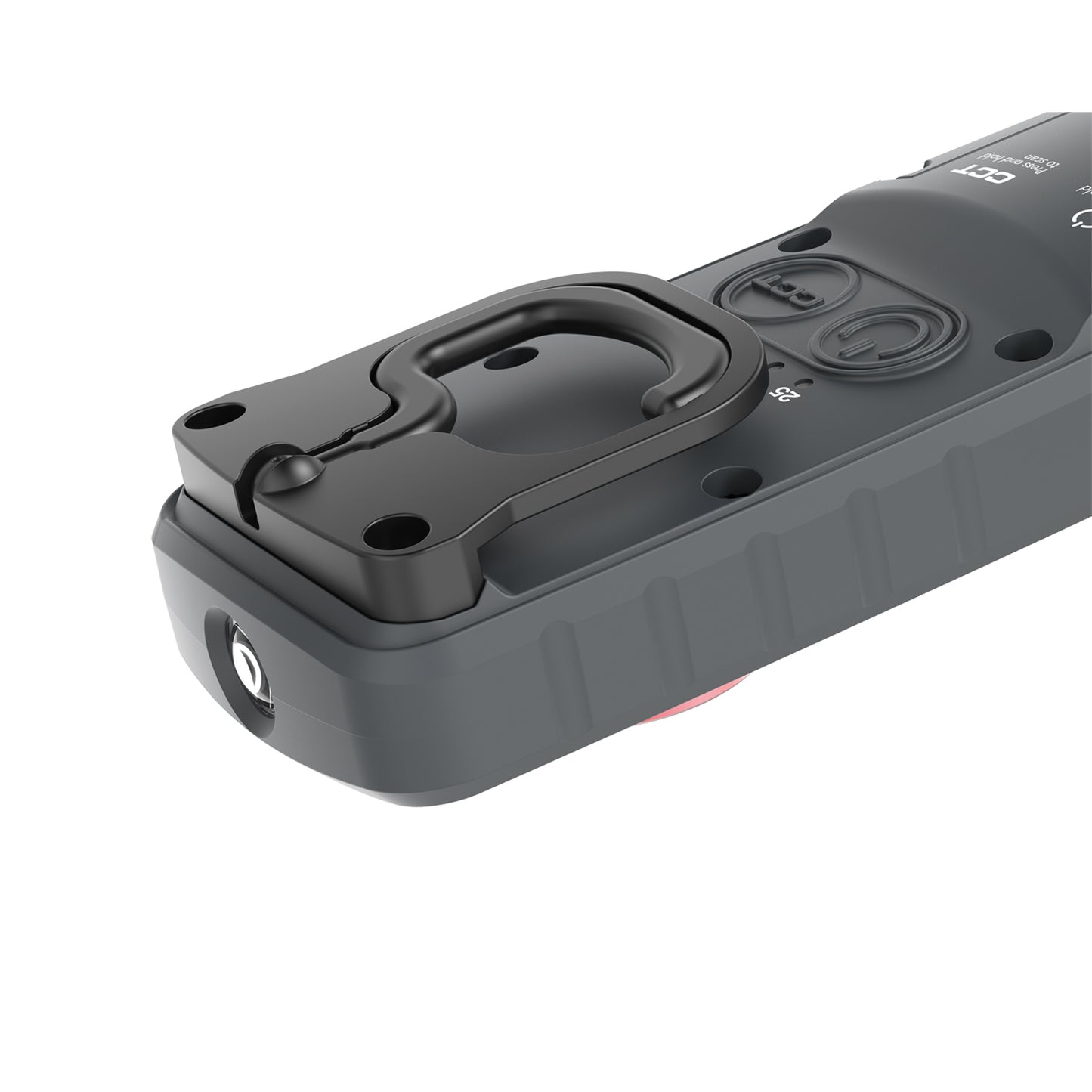 Product image of a dark grey handheld electronic device featuring a black swivel carabiner clip embossed CCT branding and a subtle red side accent