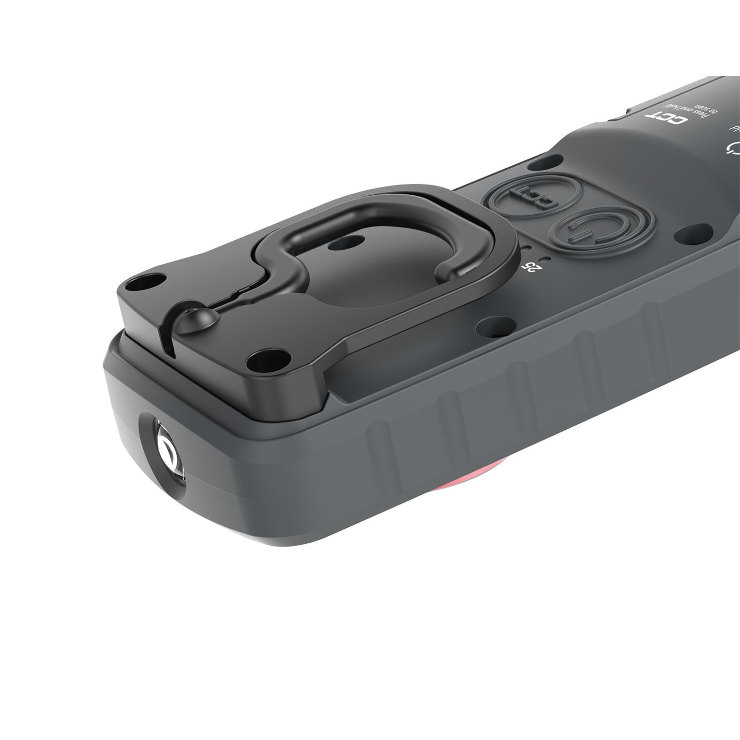 Product image of a dark grey handheld electronic device featuring a black swivel carabiner clip embossed CCT branding and a subtle red side accent