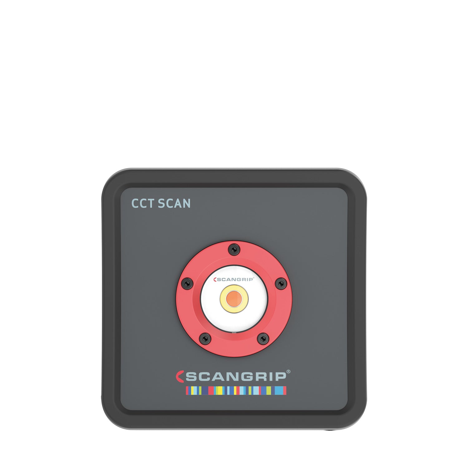 Product photo of a dark grey rectangular SCANG Rip CCT SCAN work light on a white background featuring a prominent central red light bezel with a white and orange LED and a colorful SCANG Rip logo with horizontal stripes