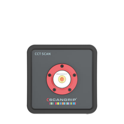 Product photo of a dark grey rectangular SCANG Rip CCT SCAN work light on a white background featuring a prominent central red light bezel with a white and orange LED and a colorful SCANG Rip logo with horizontal stripes