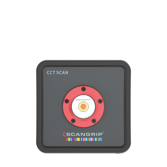 Product photo of a dark grey rectangular SCANG Rip CCT SCAN work light on a white background featuring a prominent central red light bezel with a white and orange LED and a colorful SCANG Rip logo with horizontal stripes