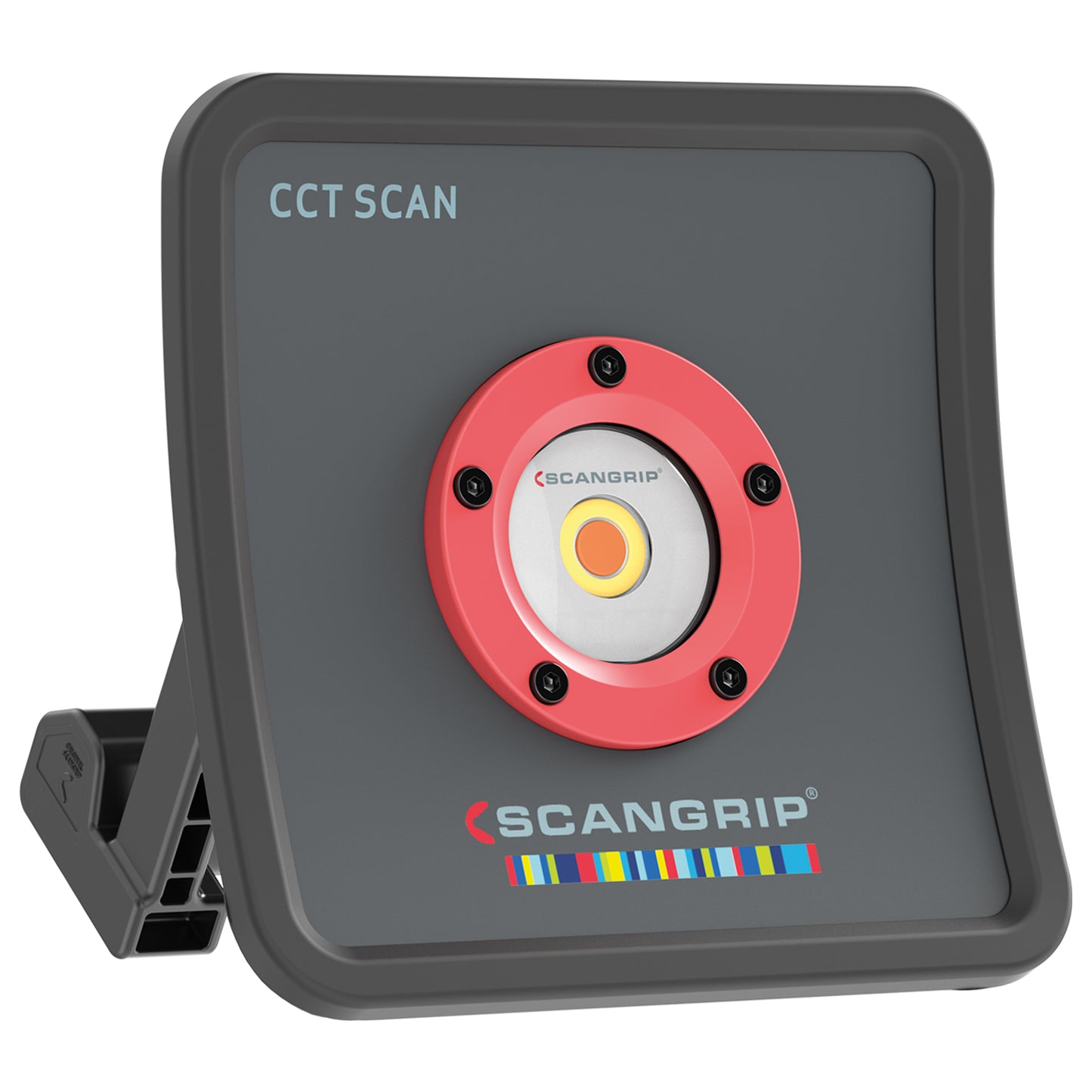 Scangrip CCT Scan work light with a dark grey rectangular body, a vibrant red circular LED housing, a yellow-orange light core, and the colorful Scangrip brand logo