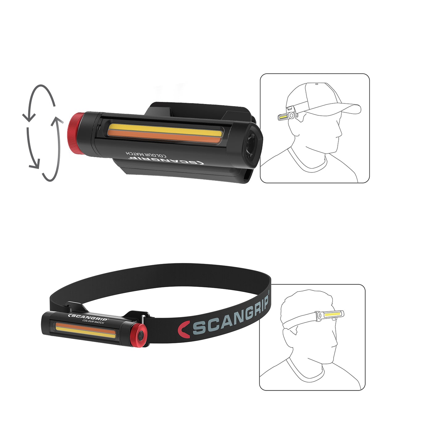 Product photography of a Scangrip Colour Match work light, a black rectangular device featuring an orange and yellow LED strip and red adjustment knob, demonstrated clipping to a cap and worn with a black elastic head strap