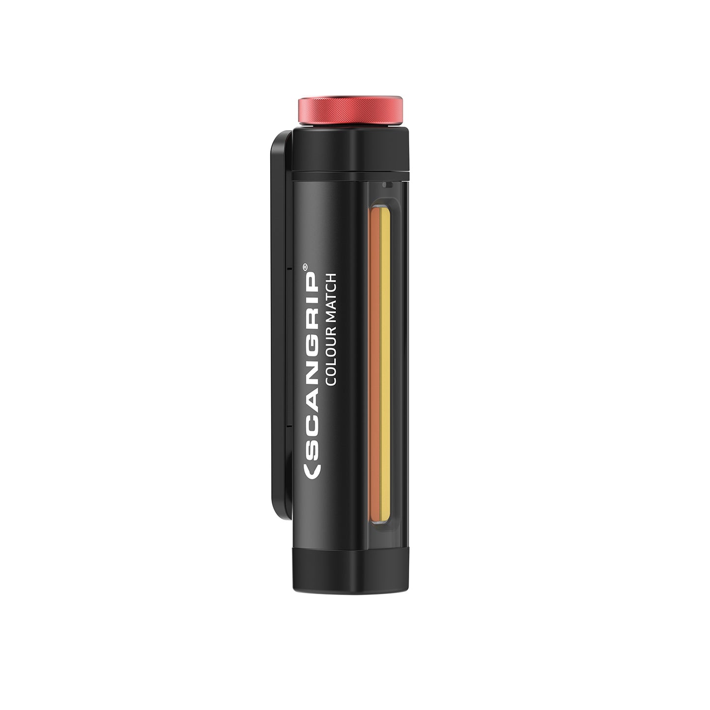 Digital product photo by SCANGRIP of a black cylindrical portable work light on a white background with a red top cap an integrated clip and a vertical amber and yellow light strip bearing SCANGRIP COLOUR MATCH text