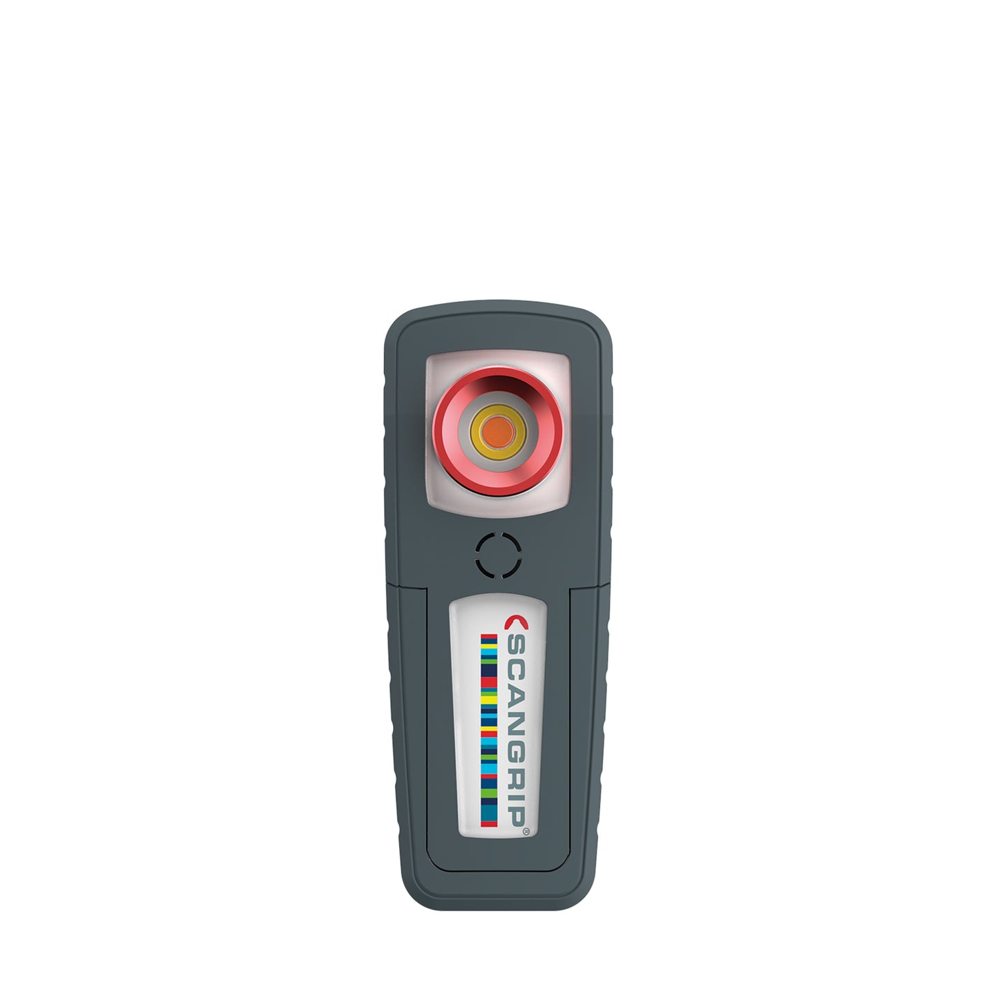 Scangrip work light on a white background featuring a dark grey body with a red and yellow concentric light and a Scangrip logo with colorful vertical stripes