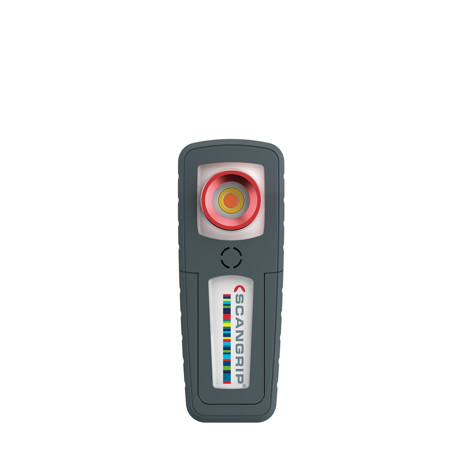 Scangrip work light on a white background featuring a dark grey body with a red and yellow concentric light and a Scangrip logo with colorful vertical stripes