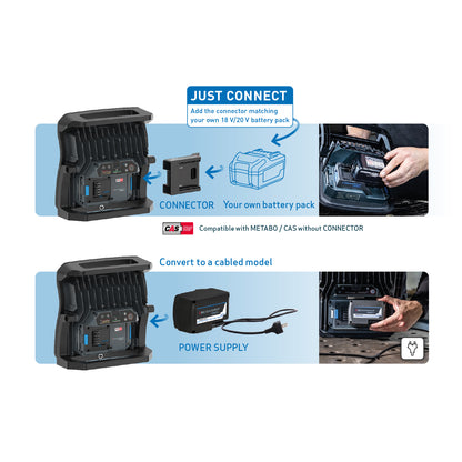 Digital graphic of a black SCANGRIF modular work light demonstrating its power options with a connector for an 18V/20V battery pack and a cabled power supply, featuring "JUST CONNECT" and "CAS Compatible" text on blue instructional panels