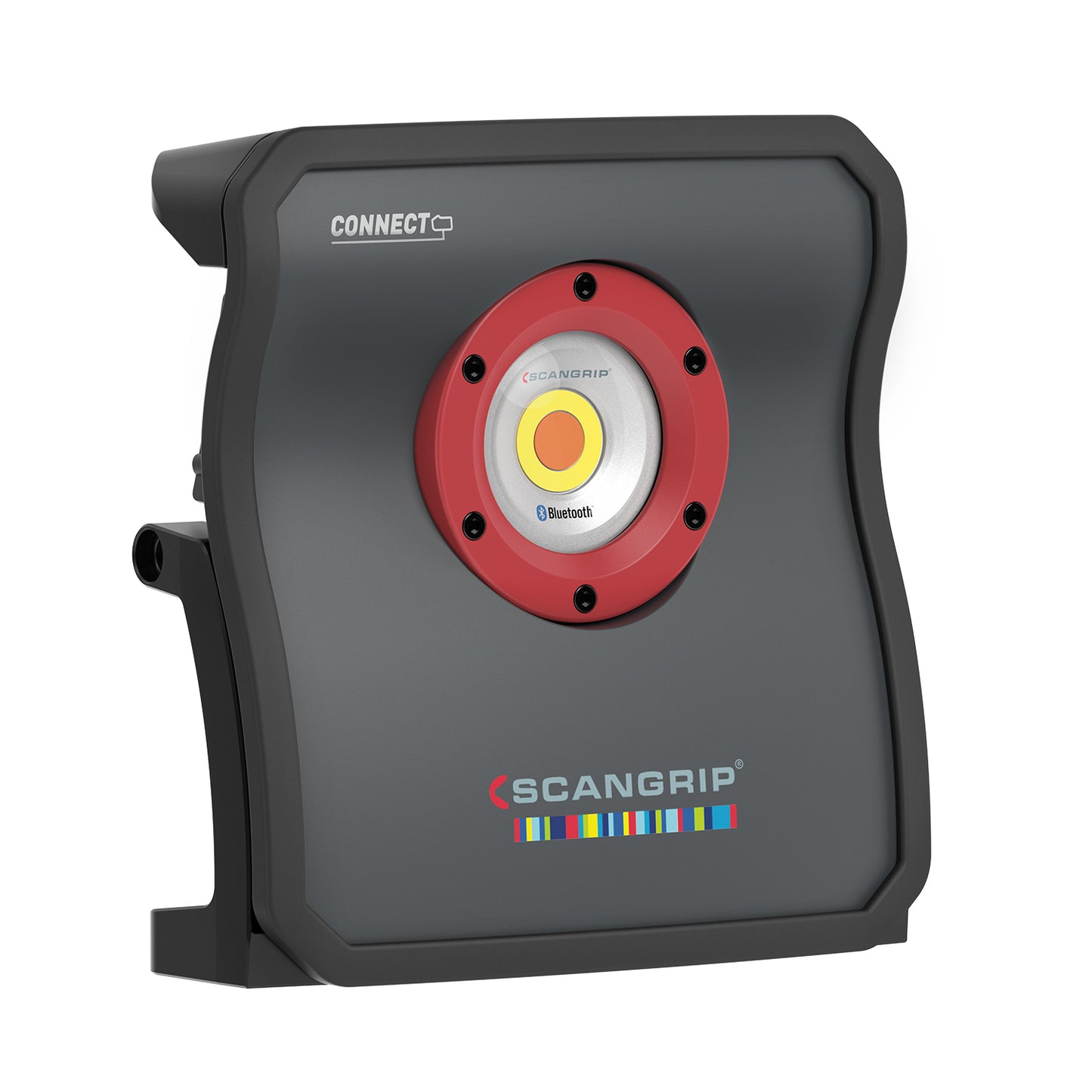 Digital render of a Scangrip CONNECT work light, a dark grey unit with a central light featuring a bright yellow core, a prominent red ring, and a colorful Scangrip logo with Bluetooth branding