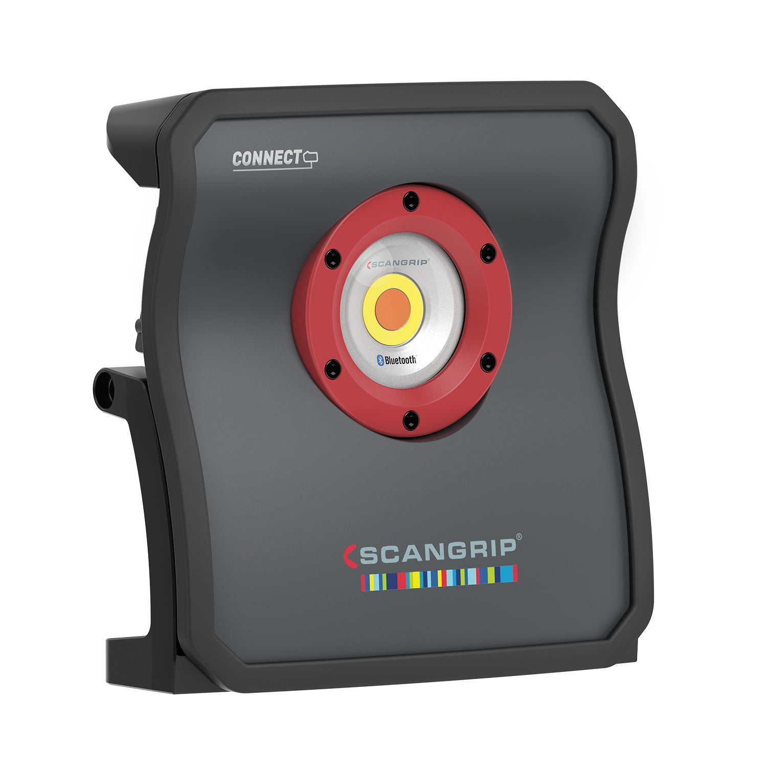 Digital render of a Scangrip CONNECT work light, a dark grey unit with a central light featuring a bright yellow core, a prominent red ring, and a colorful Scangrip logo with Bluetooth branding