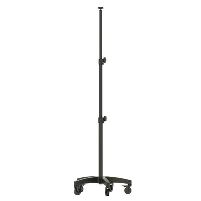 A black adjustable rolling stand featuring a matte finish, two height adjustment knobs, and a five-caster wheeled base