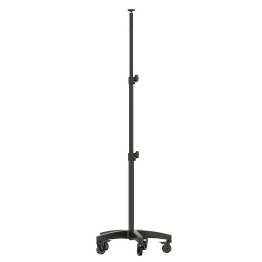 A black adjustable rolling stand featuring a matte finish, two height adjustment knobs, and a five-caster wheeled base