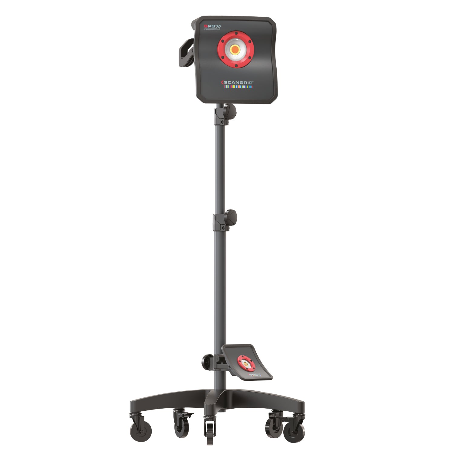 Product photography of a Scangrip SPS7 LED work light on a mobile stand in a studio featuring a dark grey adjustable pole with five caster wheels, a black light head with a prominent red ring around a central yellow LED, and a colorful striped Scangrip logo bar
