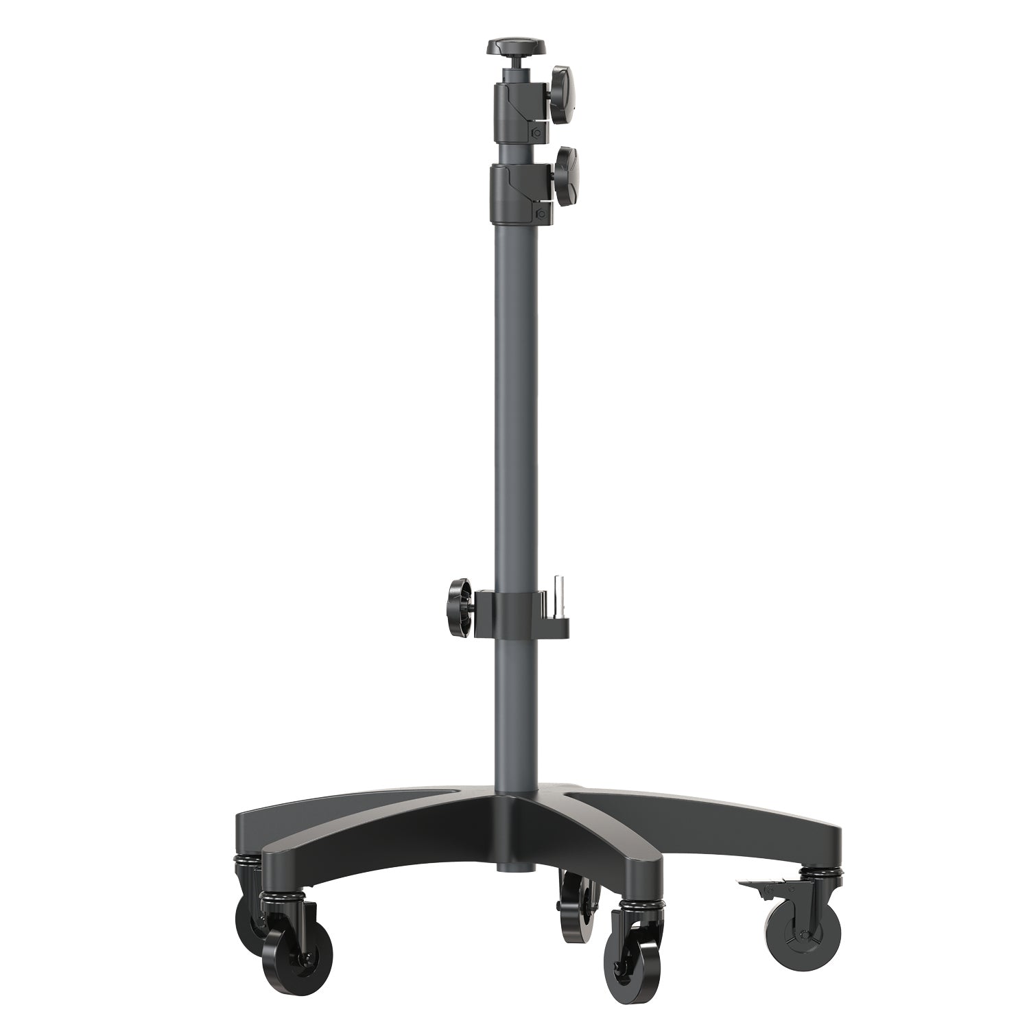 Dark grey adjustable rolling studio light stand with a black five-star base and five locking casters