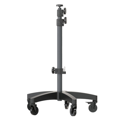 Dark grey adjustable rolling studio light stand with a black five-star base and five locking casters
