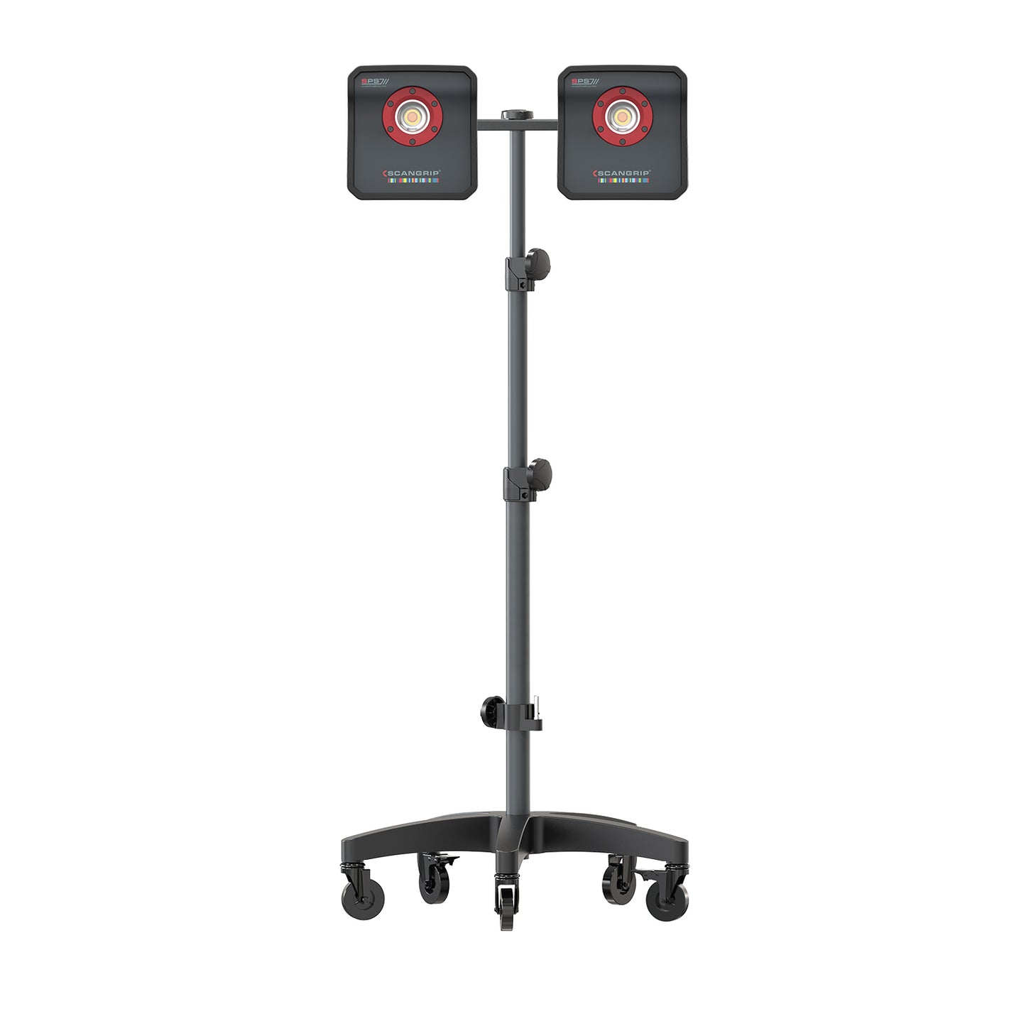A SCANGRIP SPS7/// dual LED work light on a mobile stand with black wheels featuring square panels, red accent rings around the central white LEDs, and a distinct colorful stripe detail below the brand logo