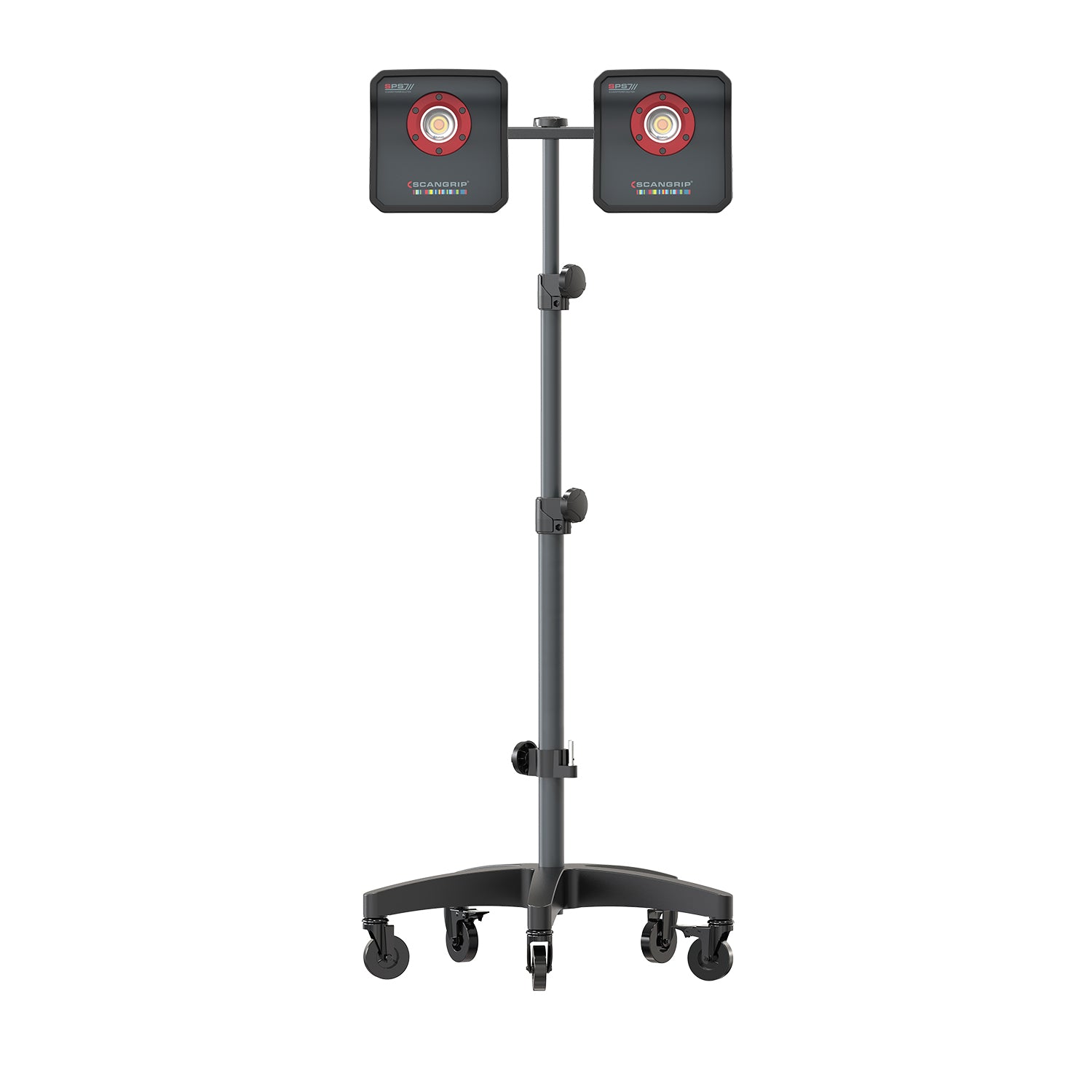 A SCANGRIP SPS7/// dual LED work light on a mobile stand with black wheels featuring square panels, red accent rings around the central white LEDs, and a distinct colorful stripe detail below the brand logo