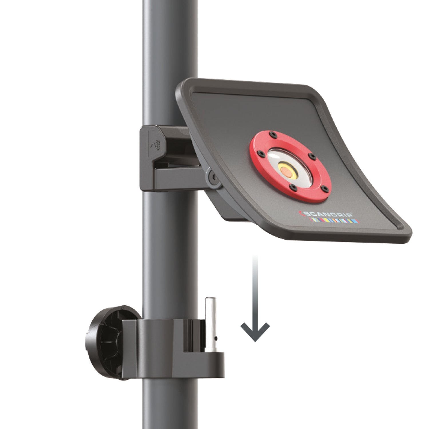Digital product photograph of a black Scangrip work light mounted on a grey pole featuring a bright red LED bezel and colorful brand logo with a downward arrow indicating attachment
