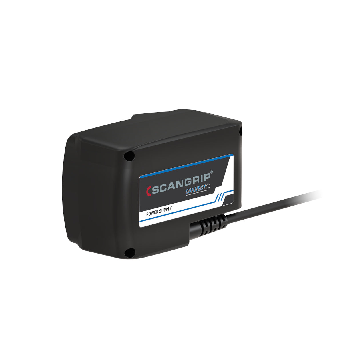 Scangrip Connect power supply, a black rectangular unit with a blue and white Scangrip Connect label and a black corrugated power cable extending right on a white background