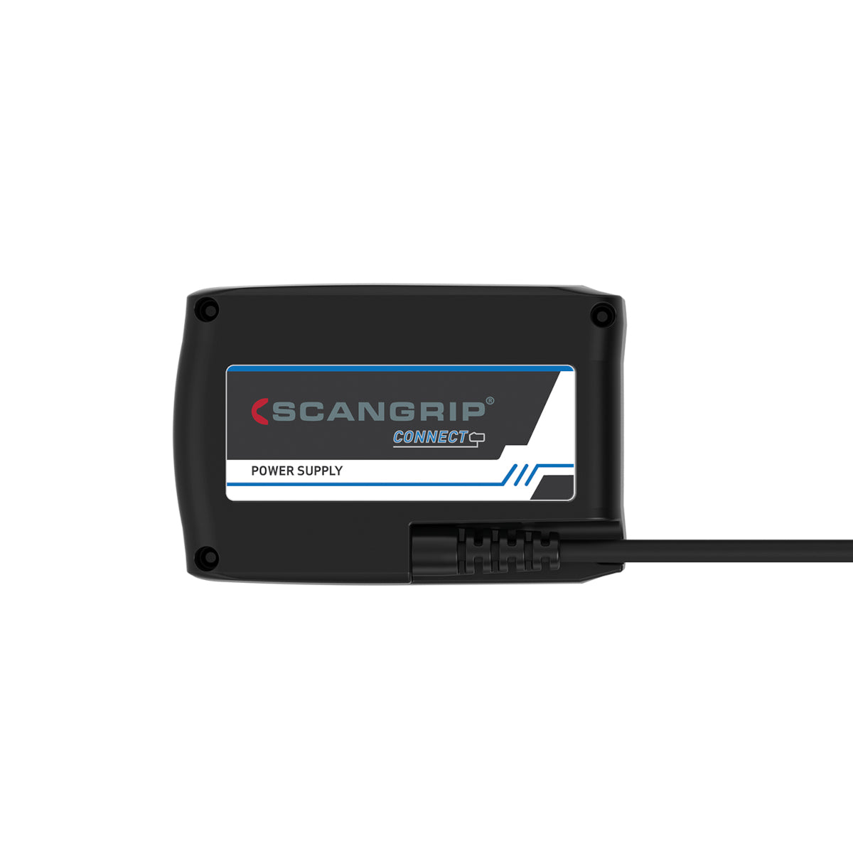 Product photo of a black rectangular Scangrip Connect Power Supply unit on a white background, featuring a white label with the red and blue Scangrip Connect logo, "POWER SUPPLY" text on a blue bar, and a black cable extending from the right side