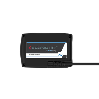 Product photo of a black rectangular Scangrip Connect Power Supply unit on a white background, featuring a white label with the red and blue Scangrip Connect logo, "POWER SUPPLY" text on a blue bar, and a black cable extending from the right side