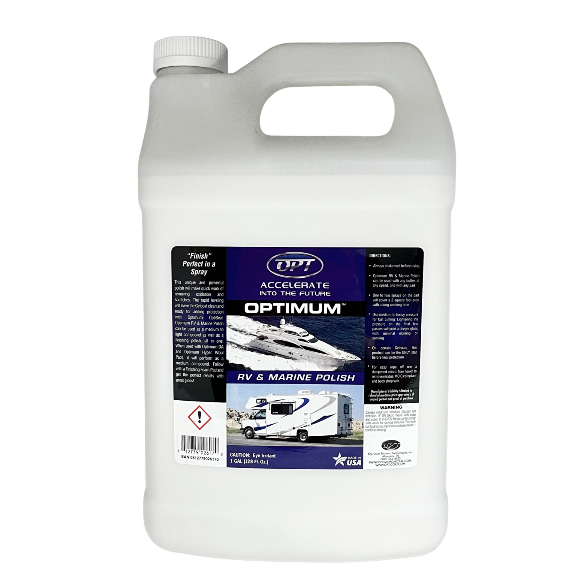 Product photo of a white gallon jug of Optimum RV & Marine Polish featuring a dark blue label with a shiny silver OPT logo, a dynamic image of a white yacht on blue water, a modern white RV on a road, and a prominent "MADE IN USA" star icon
