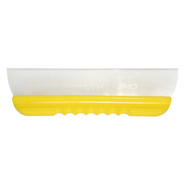 Bright yellow handled ONE PASS squeegee with a clear flexible blade displaying reversed branding text and a ribbed grip for water removal