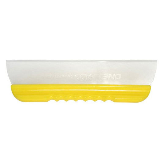 Bright yellow handled ONE PASS squeegee with a clear flexible blade displaying reversed branding text and a ribbed grip for water removal